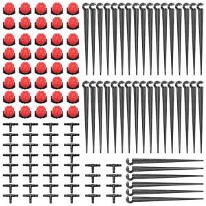 120 Pi&egrave;ces Kit d'irrigation de Goutte Automatique, VooGenzek 40 Goutteur Irrigation R&eacute;glable + 40 Tee-Joint de Tuyau + Piquet de Support pour Tube d'&eacute;gouttement 4/7mm, pour Jardin, Pelouse, Rouge (VooGenzek, neuf)
