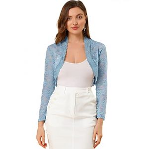 Allegra K Boléro Dentelle Florale Femme Cardigan Court Ouvert Devant à Manches Longues Boléro Élégant pour Invité de Mariage et Cocktail Gilet Court Demi-Transparent Bleu M (Weisser Berg, neuf)