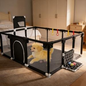 Parc &agrave; Chiots Pouces avec Porte, Parc pour Chiots Ou Petits Chiens,Lavable en Machine, Int&eacute;rieur/ext&eacute;rieur (180 x 120 x 66 cm &ndash; Noir) (Hechheu, neuf)