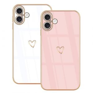 Lonrapa 2 Pièces Coque pour iPhone 16 Coeur Amour Motif TPU Souple Galvanoplastie Anti Rayures Coque Protection Silicone Case iPhone 16 Housse Antichoc Cover - Blanc et Rose (Lonrapa, neuf)