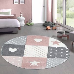 Tapis Enfants Tapis de Jeu Tapis bébé Fille avec Coeur étoile Rose crème Gris Größe 120 cm Rund (Carpetia, neuf)