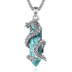 CELESTIA Pendentif Dragon Argent Collier Pierre avec Turquoise - 61cm Chaine Acier Inoxydable, Bijoux Protection Porte-bonheur, Idee Cadeau Femme Homme Original (CELESTIA, neuf)