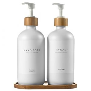 MaisoNovo Lot Distributeur Liquide Vaisselle &ndash; Distributeur Savon Verre avec Pompe - Pompe Blanche en Bambou Blanc 500 ML - Distributeur Savon Salle de Bain - Lot de 2 avec Plateau (Maisonovo, neuf)