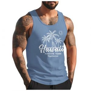 Maillot de corps hawaïen de vacances avec motif palmier hawaïen, sans manches, coupe ample, chemise athlétique, plage, gym, musculaire, débardeur de sport tropical, débardeur de sport graphique 2025 (K_lioy, neuf)