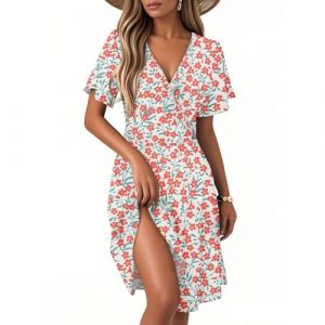 Robe Femme Longue Boheme Robe de C&eacute;r&eacute;monie Femme Fleurie Ronde Robes Chic Elegant Mi Longue Vetement Dress Grande Taille Femmes Moulante D&eacute;contract&eacute;e Dress Plage Bal D'&eacute;t&eacute; (C Watermelon Red,XX-Large) (QU-XINYU, neuf)
