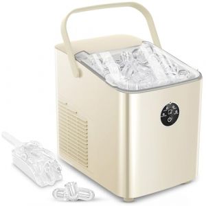 FOHERE Machine à Glaçons, 14kg en 24h, 8 Glaçons en 8 Minutes, avec 2 Tailles de Glaçons, Autonettoyante, Ice Maker sur Comptoir avec Poignée, pour la Maison/Cuisine/Camping/Bar (Beige) (Fuduosii, neuf)