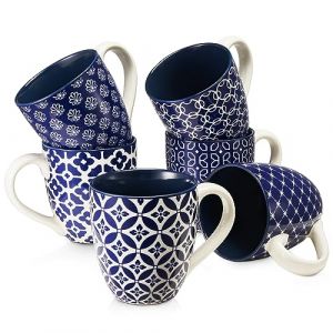 DOWAN - 6 x 560 ml Tasse &agrave; caf&eacute; en gr&egrave;s/Ensemble de tasses - Mug Motif Classique Oriental - Grandes Tasses &agrave; Th&eacute;, Caf&eacute; et Chocolat Chaud - Grand Cadeau pour les Amoureux - Bleu et Blanc (MUYI KITCHEN, neuf)