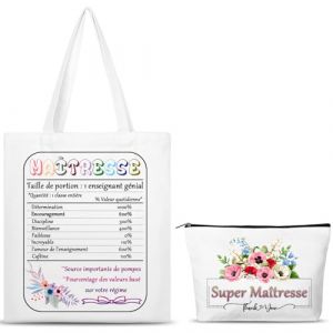 SAKNYUFO Ensemble Cadeau Professeur Sac Shopping & Trousse Super Maîtresse en Coton Lavable Cadeau Original Pour Enseignants - Idéal Fête des Maîtres, Noël ou Fin d'Année Scolaire (JANJANJO, neuf)