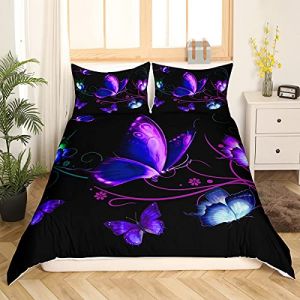 Papillon Housse de Couette Girly Violet Bleu Papillons Parure de Lit 240x260cm 3D Thème Animal Parure Housse de Couette pour Enfants Chambre Décor Paillettes Colorées Avec 2 Taie d'oreiller (Bofanshangmao, neuf)