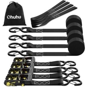 Sangle &agrave; cliquet 4 pi&egrave;ces Resistance 1500kg, Ohuhu 4,6m x 4cm Sangle d'arrimage avec Crochets s&eacute;curis&eacute;s et plastifi&eacute;s et 4 Boucles Souples id&eacute;al arrimage Transport Bagages, Meubles, remorque (Noir) (TSMART, neuf)
