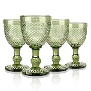 Joeyan 270ml Verres à Vin Vintage Verts de Avec Relief en Diamant, Colorés Ensemble de Gobelets à Vin pour Boissons au Jus de Vin, Lot de 4 Verres à Boire Rétro Avec Pied, Passent au Lave-Vaisselle (JianYan, neuf)