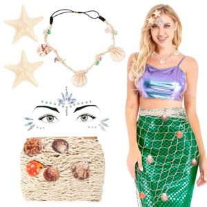 Kit de Déguisement de Sirène Filet de Pêche avec Coquillages Accrochés et Bandeau Coquillage Barrette à Cheveux Étoile de Mer avec Autocollant Strass Gemmes de Visage Déco Costume pour Fête Carnaval (ShanDongYuRui, neuf)