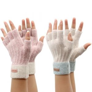 VEGCOO Mitaine Femme, Mitaines Femme Hiver Chaude sans Doigts, Gants Chauds en Tricot pour Femme (Rose/Kaki) (LCD UK Store, neuf)