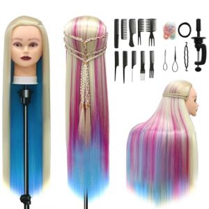 Tete a Coiffer, 28 inch 100% de Cheveux Synthétiques Têtes d'exercice Tête À Coiffer Coiffure Cosmétologie tete a coiffer professionnelle Poupée avec Support + Ensemble de Tresse (Coloré) (Guangzhouxinfeifazhipinmaoyiyouxiangongsi, neuf)