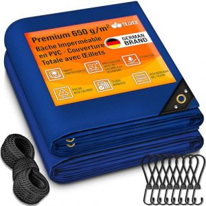 tillvex® Bâche de Protection avec Oeillets + 10 Crochets et Corde de 15 m - Bâche en Tissu 650 g/m² imperméable et indéchirable - Bâche PVC Universelle Exterieur, Camion, Piscine, Meubles de Jardin (DWD-Company, neuf)