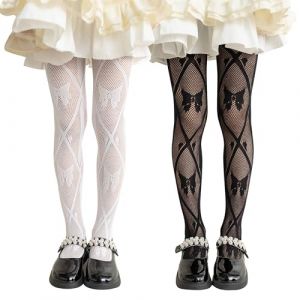 LOLANTA 2 paires de collants résille à motifs pour filles, collants en dentelle ajourée pour fête de carnaval, Nœuds noir/blanc, 5-8 ans, M (LOLANTA, neuf)
