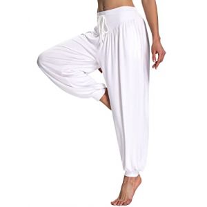 Terecey Pantalon Sarouel Femme Été Pantalons de Yoga et Pilates Femme en Modal Pantalon de Jogging Taille Elastique pour Hippie Danse Sport Blanc S (SUBAILIANG-EU, neuf)