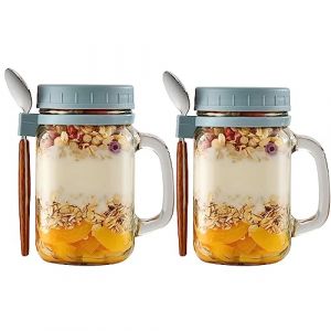 2Pcs 450ml Overnight Oats Jars&Couvercle et Cuill&egrave;re Pot Yaourt avec Marques de Mesure Mason Jars &Yaourt Muesli To Go Bocaux D'avoine de Nuit avec Cuill&egrave;re pour Lait C&eacute;r&eacute;ales Fruits&Bol Muesli &Gris (omi-cys, neuf)