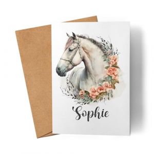 Kiddle-Design Chevaux Carte Personnalisée Fille Enfant Cheval Fille Poney Cadeau Coussin avec nom Motif Cheval Carte de voeux (Kiddle-Design, neuf)