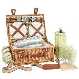 Set de Panier Pique-Nique en Osier pour 4 Personnes avec Compartiment Isotherme et Couverture Imperm&eacute;able, Sangle Amovible, Sac &agrave; Vin, Couverts, pour Camping, Plage, Randonn&eacute;e,Couple,Cadeau (Vert) (yinqidianzi, neuf)
