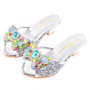 Monissy Reine des Neiges Princesse Elsa Mules Talon Haut Pantoufle Bouche de Poisson Paillette Deux Noeuds en Cuir Elsa Badge Crystal Incrusté Perles Colorés Fille Chaussures Noël (Monissy, neuf)