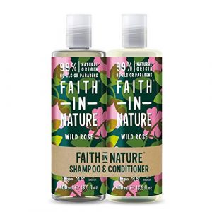 Faith In Nature Natural Wild Rose Ensemble shampoing et après-shampoing réparateur, végétalien et sans cruauté envers les animaux, sans SLS ni parabènes, pour cheveux normaux à secs, 2 x 400 ml (Flaviangel, neuf)