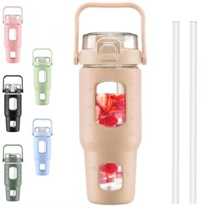 BLUEGO 960ml Gourd en verre Avec paille Marqueur de temps Bouteille d'eau Motivation avec manchon en silicone 1 litre Grande carafe d'eau en Verre pour Gym, sports et entraînement, Ambre (Banxiashenghua, neuf)