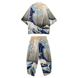 DOSLAVIDA Ensemble de veste kimono japonaise pour hommes, veste &eacute;l&eacute;gante ouverte sur le devant avec short, cardigan imprim&eacute; de style chinois, gris/bleu, Small (jinzhongweixishangm, neuf)