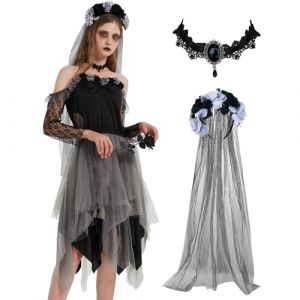 Ulikey Déguisement Mariée Halloween, Robe de Mariée Fantôme avec Voile et Collier, Costume de Mariée du Cimetière, Déguisement Zombie Femme pour Halloween Carnaval Cosplay Party Fancy Dress Fête (S) (Niedfisch Etrade, neuf)