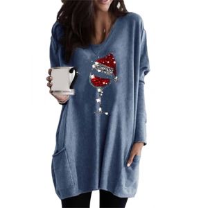 EFOFEI Femme Sweat-Shirt &agrave; Double Poche Lat&eacute;rale Robe Pull Cadeau de No&euml;l Robe Sweat &agrave; Imprim&eacute; Jumper Automne Verre &agrave; Vin Bleu XL (MILKCHOCLAT, neuf)