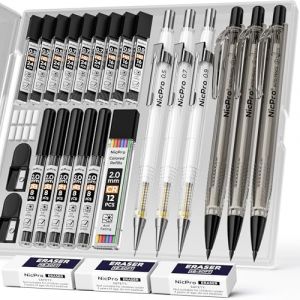 Nicpro 6 porte mine avec étui, crayon à dessin de 0,5, 0,7 et 0,9 mm et 3 porte-mines de 2 mm (couleurs 4B 2B HB 2H) pour l'écriture, le dessin et les croquis, avec recharges et gommes (NicproShop EU, neuf)