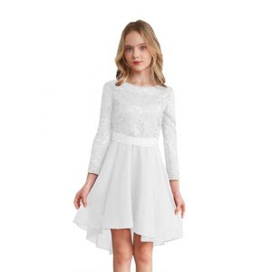 Freebily Robe Princesse Soiree Fille Enfant Robe De Ceremonie Mariage Manche Longue Dentelle Strass Chiffon A-Ligne Robes Ecole Et&eacute; Fete Party Blanc 5-6 Ans (MissPretty, neuf)