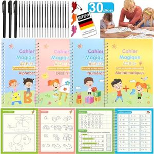 EITEYI 30PCS Cahier Ecriture Magique Français Kit-Livre Cahier Calligraphie Enfant Réutilisé-Cahier Magique Écriture avec 4 Manuels avec Rainures Premium +3 Stylo+20 Recharges+2 Correcteur de Prise (Amalemf, neuf)