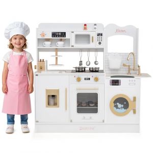 COSTWAY Cuisine Enfant en Bois avec Lumi&egrave;re & Effet Sonore, Jeu de Cuisine avec 25 Accessoires & Micro-Ondes, Machine &agrave; Caf&eacute; & Machine de Gla&ccedil;ons, Jeu d'Imitation pour Enfants de 3 Ans+ (Blanc) (FDS GmbH, neuf)