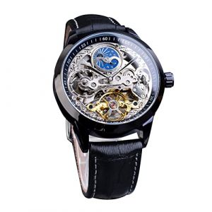 FORSINING Montre pour homme Tourbillon Phases de lune Automatique Montre-bracelet en cuir Mode Business Squelette Montres de luxe Remontage manuel, Noir (Global Fashion Show, neuf)