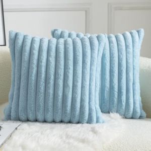 Mandioo Lot de 2 Housse de Coussin Rayures Fausse Fourrure Doux Confortable Taie d'oreiller Decoration Maison Salon Chambre pour Canapé 60X60 CM Bleu Clair (Mandioo_eur, neuf)