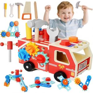 Jeu d'Outils en Bois pour Enfants, Camion de Pompier 4 en 1 Transformable en &Eacute;tabli avec Bo&icirc;te &agrave; Outils, Jouets Montessori d'Imitation et de Bricolage, Cadeau &Eacute;ducatif pour Gar&ccedil;ons et Filles de 3+ Ans (yujiaoleeu, neuf)