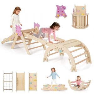 GOPLUS 9 en 1 Triangle Escalade Montesorri pour Enfants 1 Ans+, Parcours Montesorri Bebe Bois Pliable avec Arche, Rampe, Corde&&Eacute;chelle, Pont, Aire de Jeux Int&eacute;rieur (Licorne|9 en 1,Naturel) (Augenstern24, neuf)