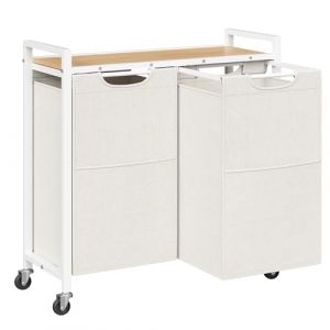 HOOBRO Panier &agrave; Linge, Corbeille &agrave; Linge Sale, Rangement 2 Compartiments, 2 Sacs en Tissu Oxford Amovibles, &Eacute;tag&egrave;re, 2 x 49,5 L, 70 x 30 x 77 cm, Blanc et Couleur Bois&eacute;e EWN72XY01 (HOOBRO FR, neuf)