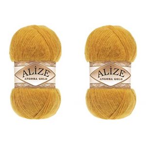 Alize Angora Gold Lot de 2 pelotes de laine 20 % laine 80 % acrylique doux 200 g 1204 m Fil turc &agrave; tricoter &agrave; la main (2 safran) (1LEAGUE, neuf)