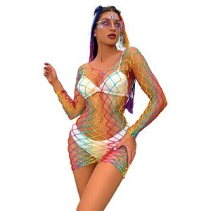 FYMNSI Robe résille transparente arc-en-ciel pour femme, lingerie moulante en résille colorée, Rave Festival Gogo Clubwear Vêtements de nuit Lingerie sexy, Robe à manches longues arc-en-ciel, taille (FYMNSI store, neuf)