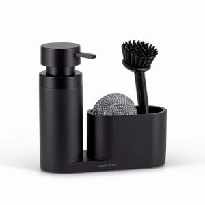 Organisateur &eacute;vier Cuisine Noir | Porte &eacute;ponge et Distributeur Liquide Vaisselle au Style Contemporain avec Brosse INOX et &eacute;ponge Anti-Rayures | &Eacute;l&eacute;gance Mate pour Cuisine Moderne et raffin&eacute;e (nova home, neuf)