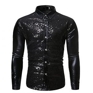Chemise &agrave; Paillettes pour Homme en Satin de Soie Brillante Disco Party Chemise Veste Tops 2025 Nouvelles Chemises Chemise &agrave; Paillettes Slim Hauts Classique Chemise Chemise Brillante Manches Longues (Beythetly, neuf)