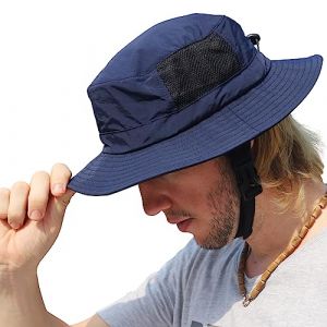 Huakunda Chapeau de Soleil Homme UPF 50+ Protection UV Chapeau de P&ecirc;che avec Cordon de Menton Pliable Chapeau Safari Bord Large Chapeau de Brousse pour l'Ext&eacute;rieur Voyages, bleu fonc&eacute;, taille unique (KUNXIN, neuf)