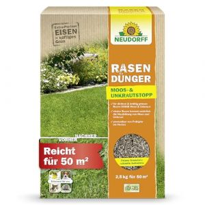 Neudorff Engrais pour gazon contre la mousse et les mauvaises herbes - Engrais pour gazon avec fer et potassium pour un gazon dense et vert sans mousse ni mauvaises herbes - 2,5 kg pour 50 m&sup2; (meingartencenter24 (Allemagne), neuf)