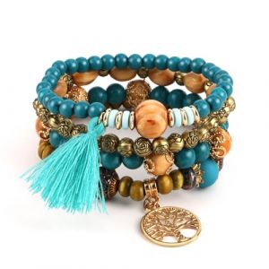 JSMTKJ Bracelet Boho en Perles de Bois & Cristal Arbre de Vie et Paon Bleu Fait Main pour Femme Bijou Élégant pour Cadeau, Yoga et Quotidien (CHOUXIAOYA, neuf)
