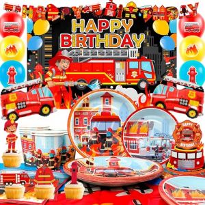 D&eacute;coration Anniversaire Pompier, Vaisselle Pompier Anniversaire inclure Assiette Camion Pompiers Gobelet Ballon Banni&egrave;re Toile de Fond etc Decoration Pompiers,pour 10 Invites (FengShang Trade, neuf)