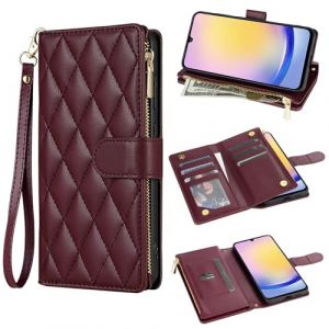 Asuwish Coque pour Samsung Galaxy A25 5G/A24 4G/M34 /F34 Portefeuille avec Cordon Porte Carte Chaine PU Cuir &agrave; Clapet Antichoc &Eacute;tui Housse Support A 25 2024 24A Lte T&eacute;l&eacute;phone Case Femme Homme Bordeaux (Asuwish Official Store, neuf)