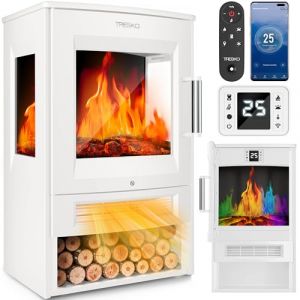 TRESKO&reg; Chemin&eacute;e &eacute;lectrique 1800W, Maison Intelligente WiFi App & t&eacute;l&eacute;commande | Po&ecirc;le &eacute;lectrique Effet Flamme LED & &eacute;cran LCD | Foyer &eacute;lectrique + Thermostat | Chauffage soufflant minuterie (Blanc) (DWD-Company, neuf)