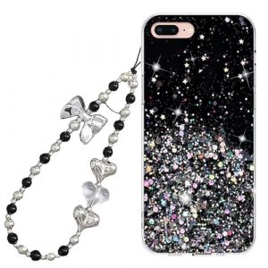 Rnrieyta Miagon Glitter Paillette Coque pour iPhone 8 Plus/7 Plus,Transparent Cover Brillant Étoile Silicone Flexible Étui Housse avec Perle Coeur Papillon Chaîne Bracelet Strap (Miagon, neuf)